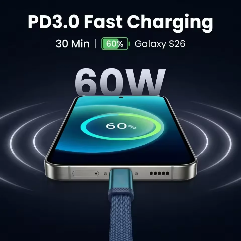 PD 60W 플랫 듀얼 타입 C 데이터 케이블 고속 충전 타입 C to 타입 C 고속 충전 코드 아이폰 17 16 15 삼성 S26 화웨이용