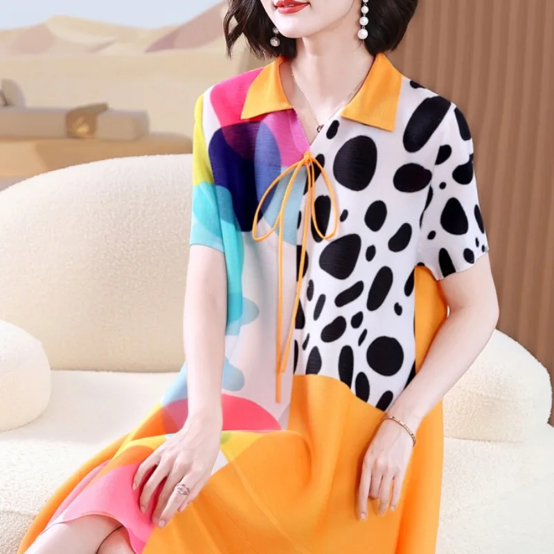 

Summer Fashionable Dress Female 2023 Casual New Pleated Loose Printed Dress Turned Down Collar Short Sleeve Dress Female Tops