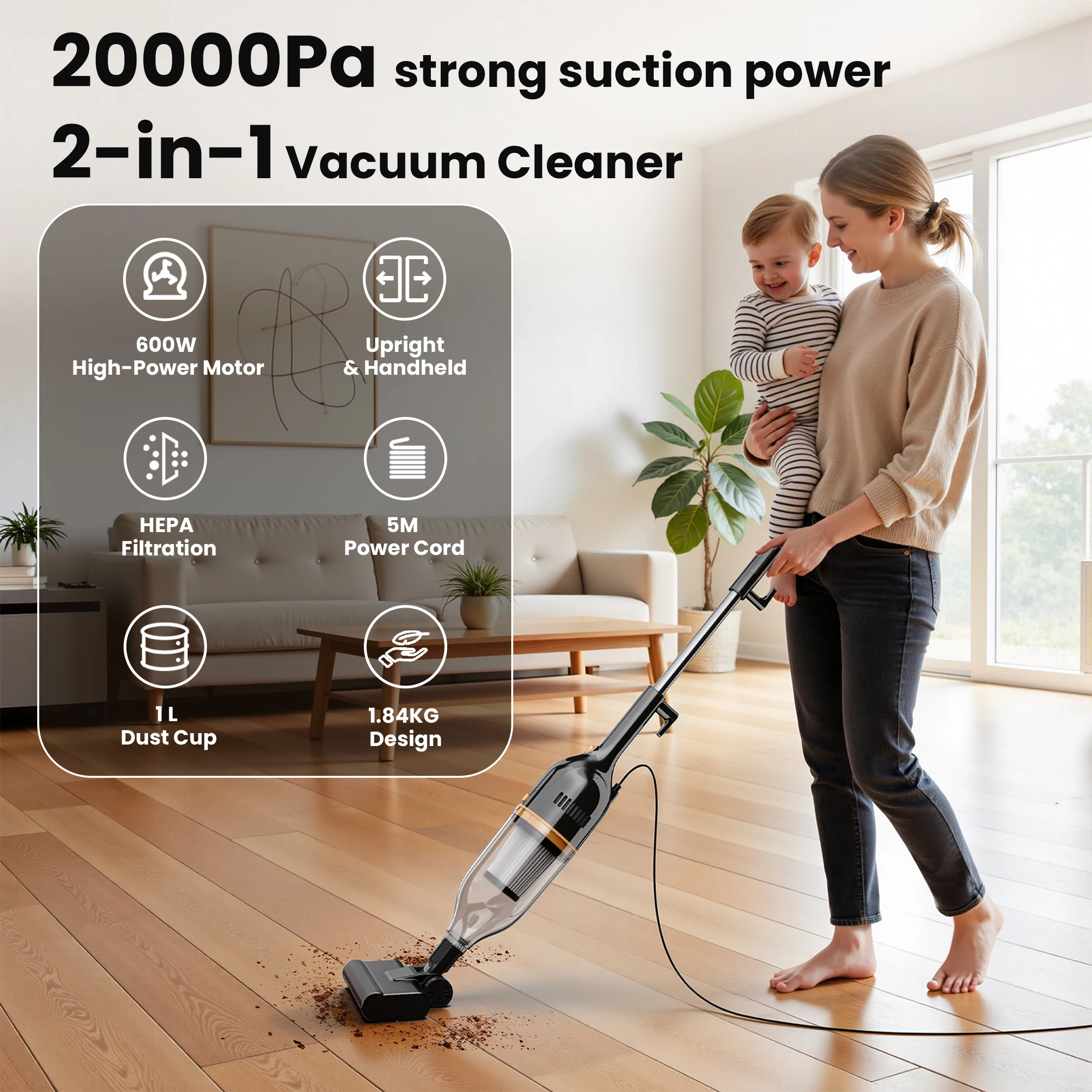 INSE R7 Corded Vacuum Cleaner 600W Powerful Handheld Stick Vacuum 3 in 1 Lightweight Vacuum Cleaners for Carpet Floor Pet Hair 2