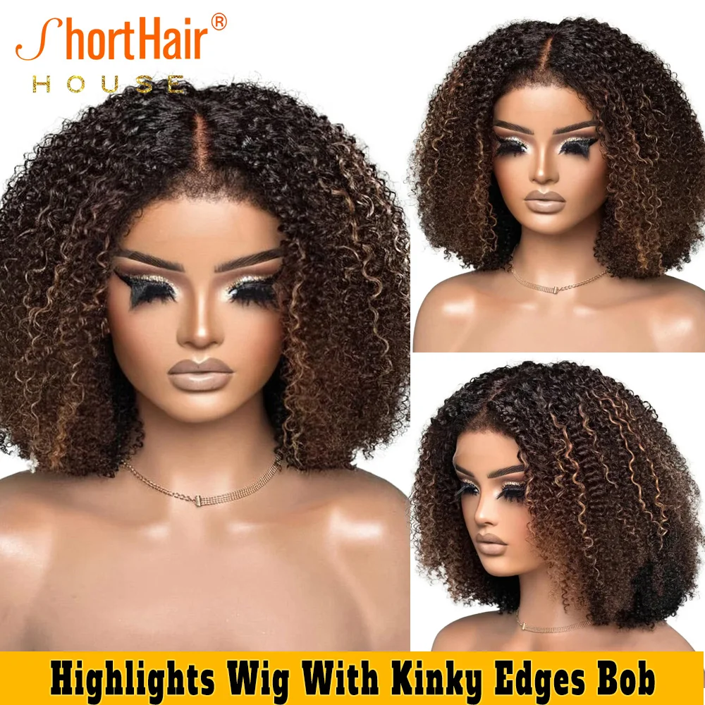 Highlight Wigs With Kinky Edges Human Hair Wigs 5x5 Lace Closure Human Hair Short Bob With Bangs Wear&Go Glueless