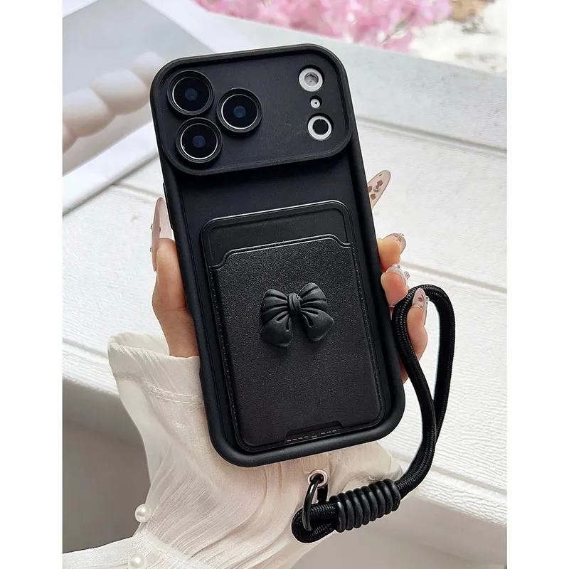 Elegant 3D Bow Wallet Phone Case with Lanyard