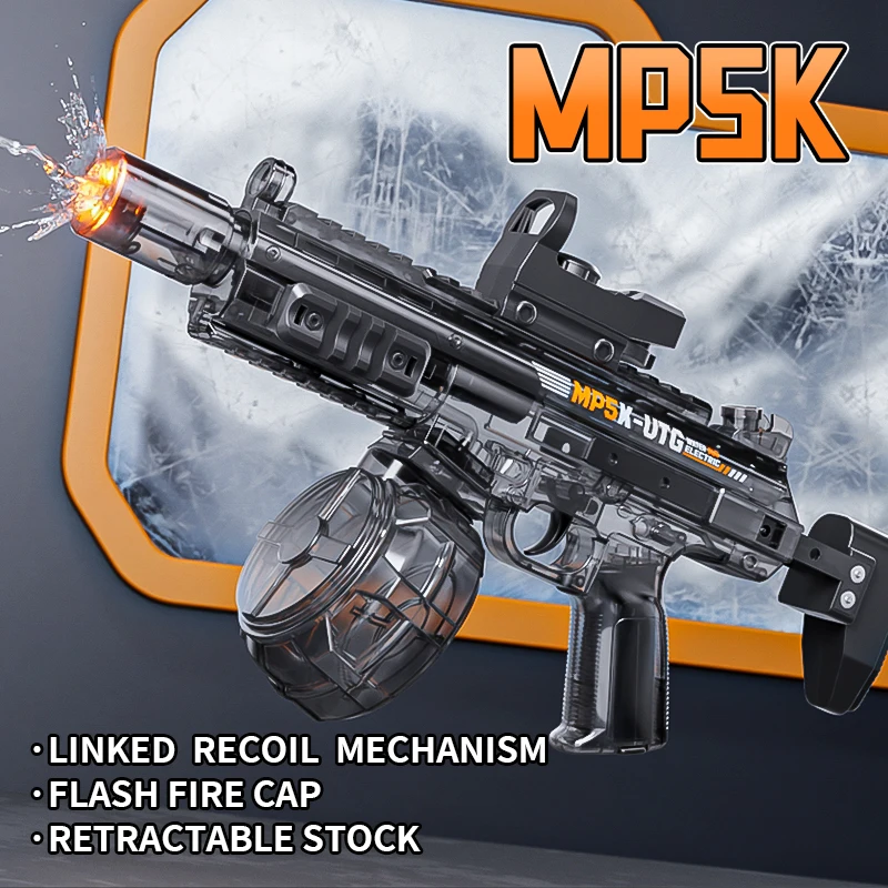 MP5K 어린이용 자동 물총, 접이식 스톡 연결 리코일 메커니즘 전동 물총, 어린이 여름 야외 장난감