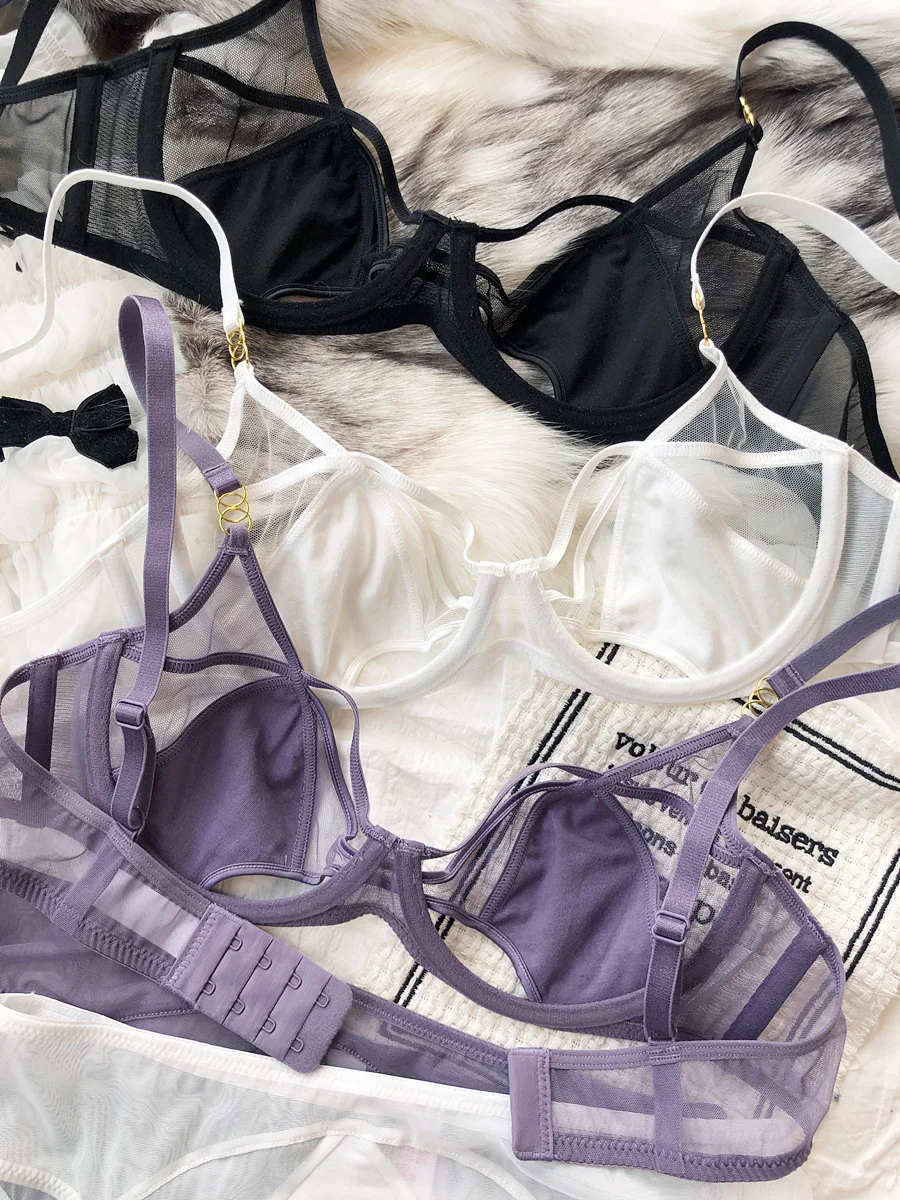 Sexy Hollow Lingerie Set French Ultra Thin Women Bra Summer Breathable Purple Plus Size 95CD Cup Underwear Push Up Brassiere