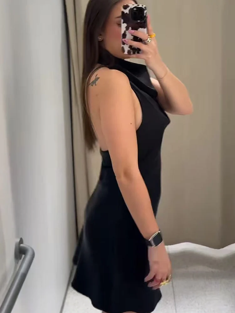 TFMLN Women Backless Halter Dress Summer Sexy Party Dress Halter Neck New Slim Black Sleeveless Short Dress Elegant Streetwear