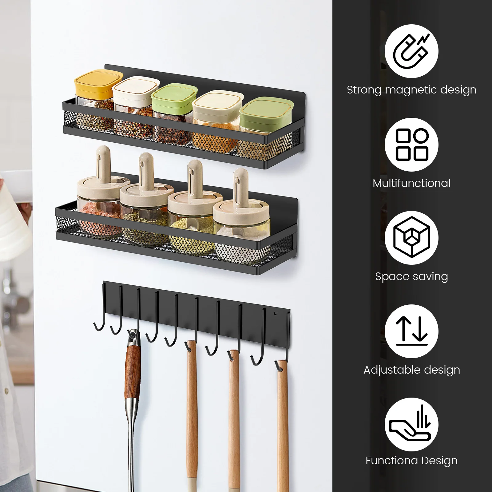 Magnetic Fridge Spice Shelf & Hook Storage Rack 2