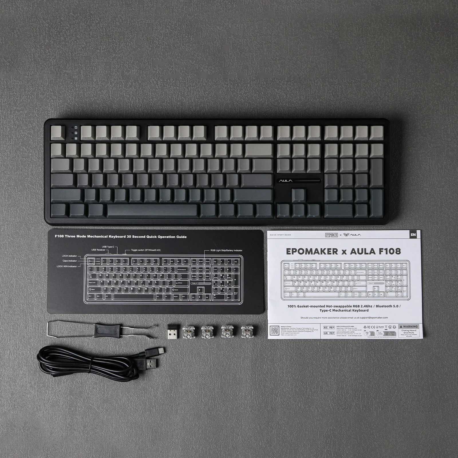 EPOMAKER x AULA F108 풀 사이즈 100% ANSI 레이아웃 핫스왑 유선/2.4GHz/블루투스 5.0 무선 기계식 키보드 RGB 백라이트