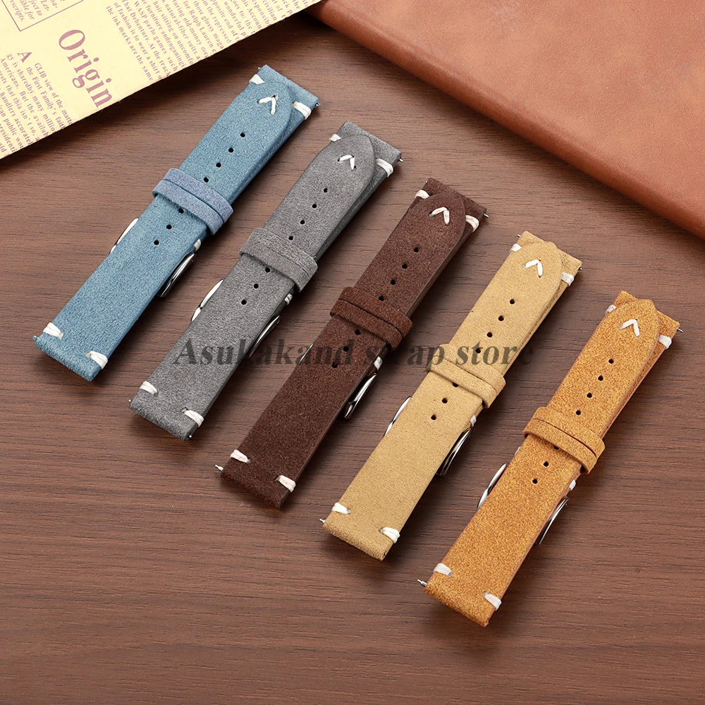 Quick Release Suede Stitching Genuine Leather Watch Band with Butterfly Buckle - Men's Straps