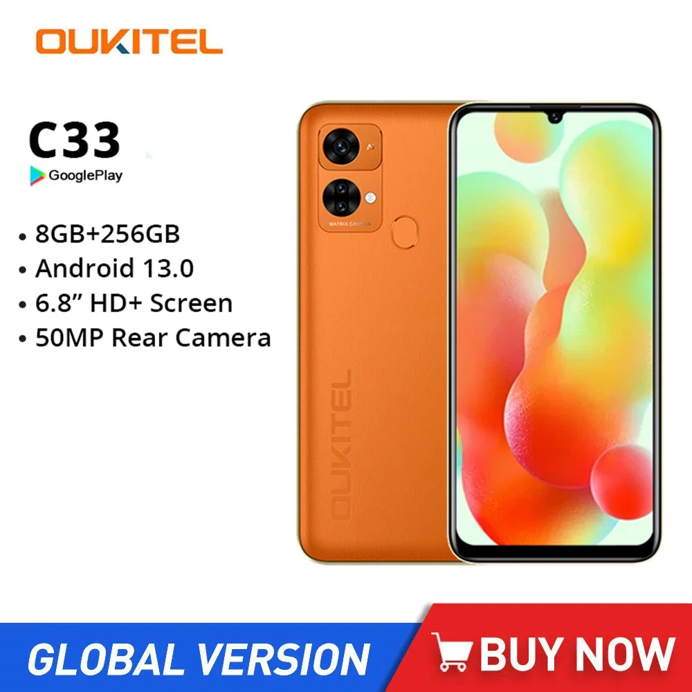 OUKITEL C33 Cheap Smartphones Octa Core 8GB+256GB 6.8Inch HD Screen Android 13 Mobile Phone 50MP Camera 5150mAh 10W Fast Charge