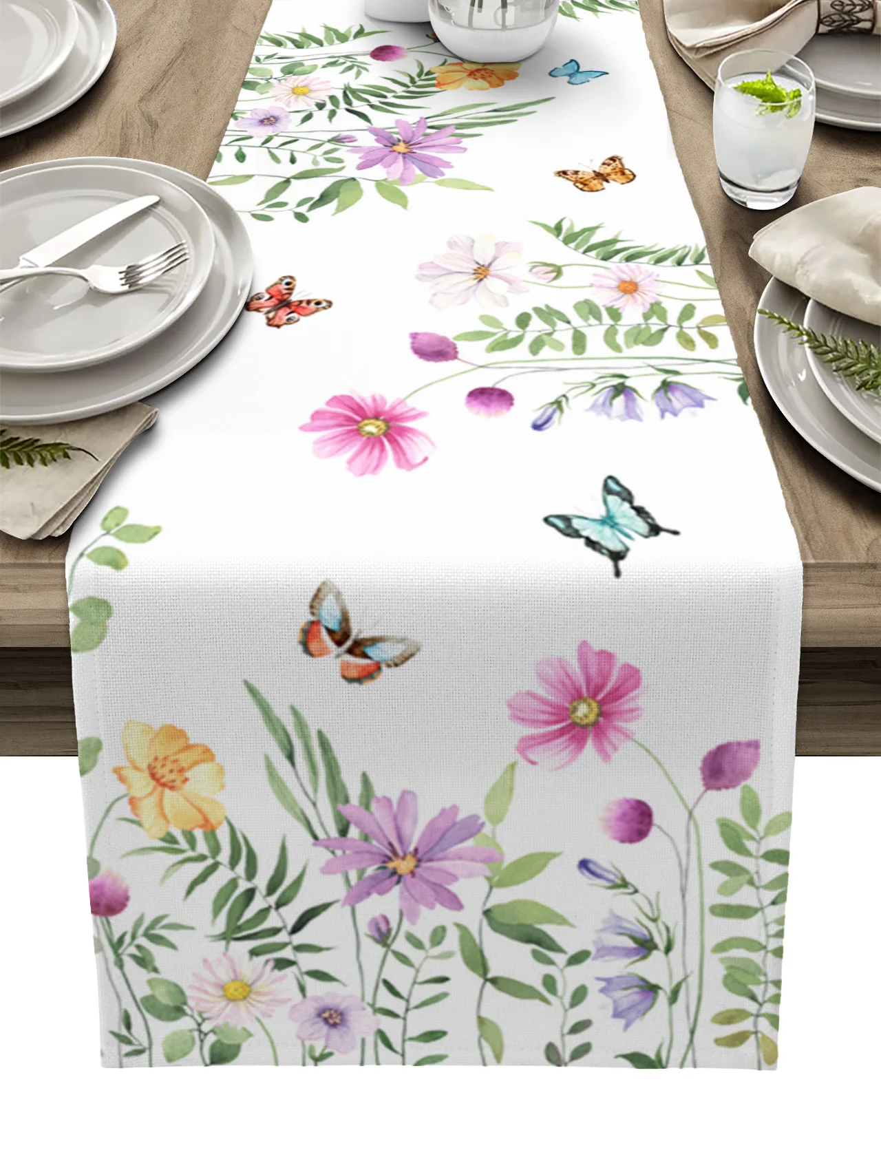 Spring Flower Butterfly Table Runner Kitchen Dinner Table Cover Wedding Party Decor Cotton Linen