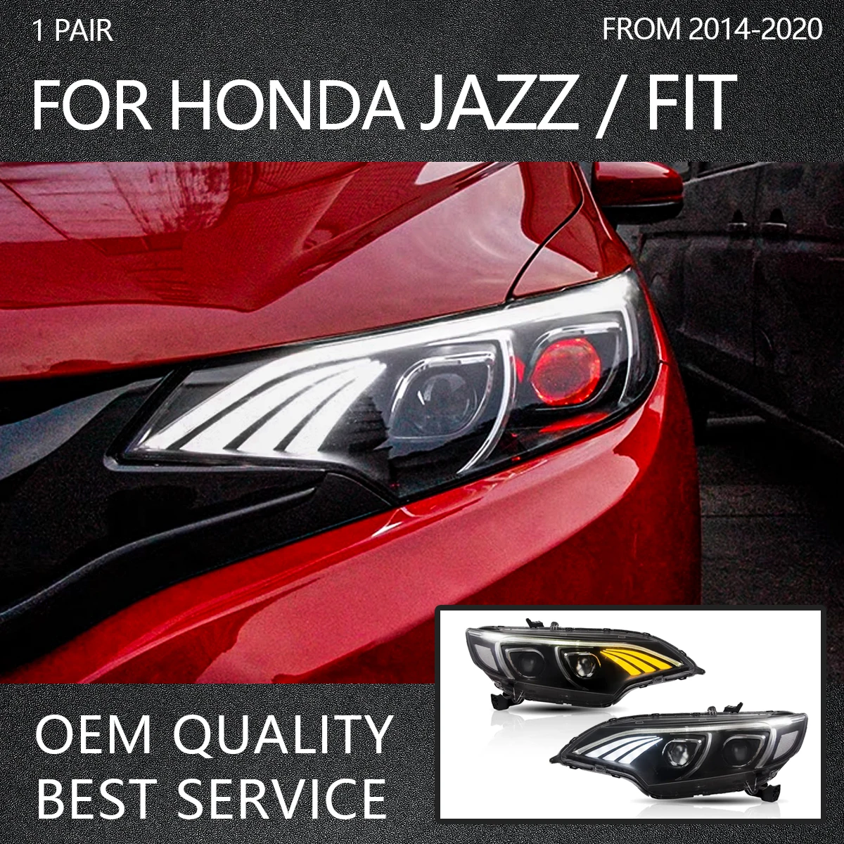 

Auto Accessories LED Headlights Assembly For Honda Fit Jazz 2014-2017 DRL Front Lamps Sequential Turn Signal Low/High Beam