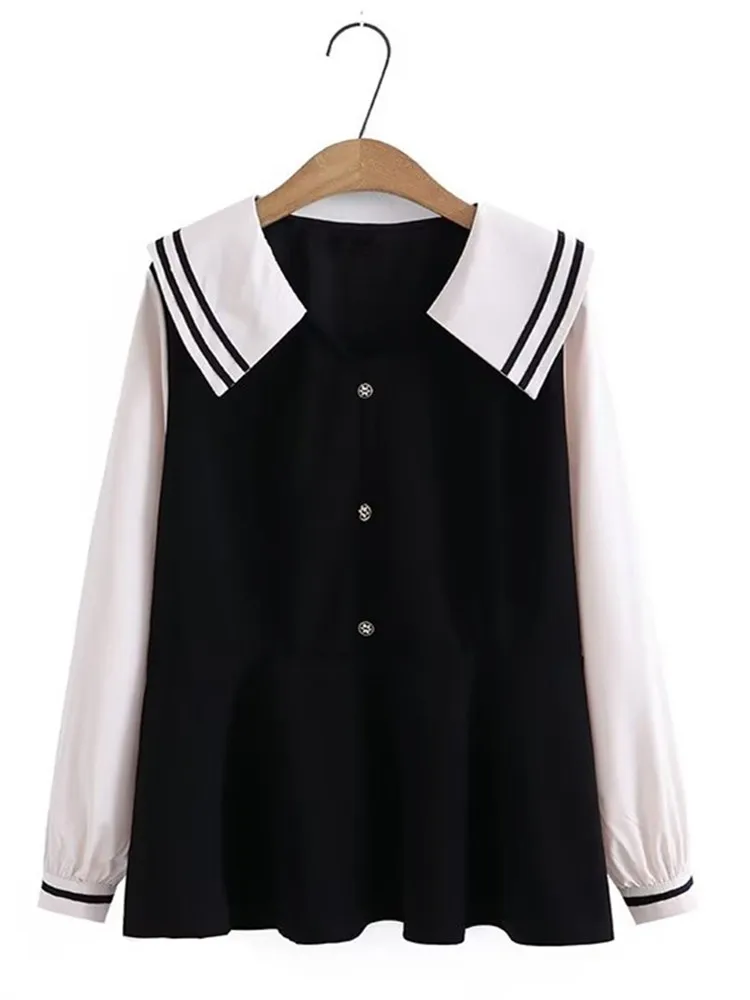 

Plus Size Women's Long Sleeve Shirt Lapel Spring And Autumn Shirt Without Stretch Contrasting Colour Patchwork Loose Shirt 4XL