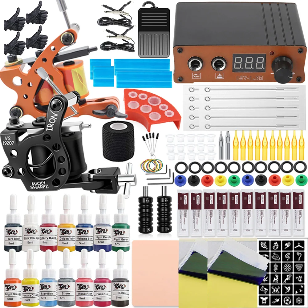 Complete Coils Tattoo Machine Kit Power Supply with Inks Pigment