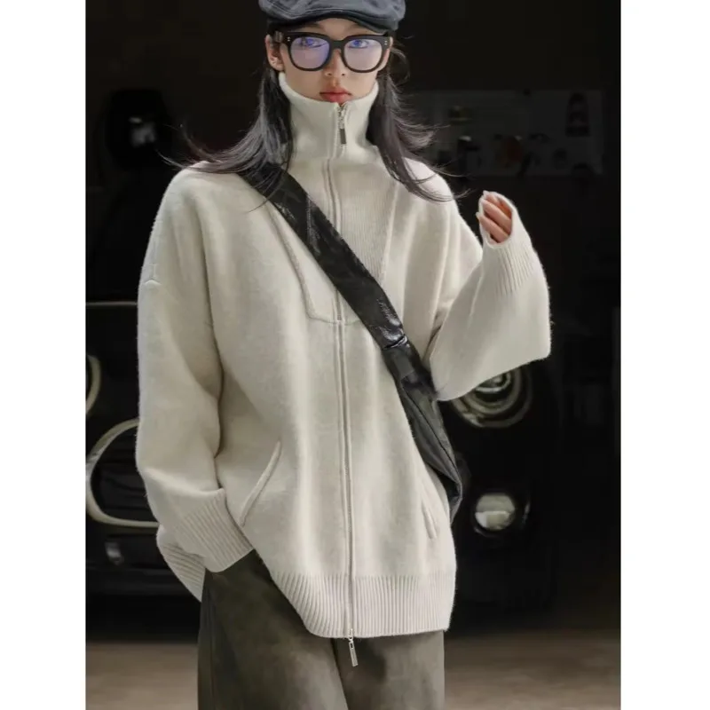 

Winter Turn Down Collar Zipper Sweater Cardigan Women Casual Silhouette Warm Loose Knitted Coat Tops
