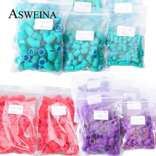 50pc/Set Nail Sanding Caps With Rubber Pedicure Polishing Sand Block Electric Pedicure Burr Foot Cuticle Tool Drill Accessories