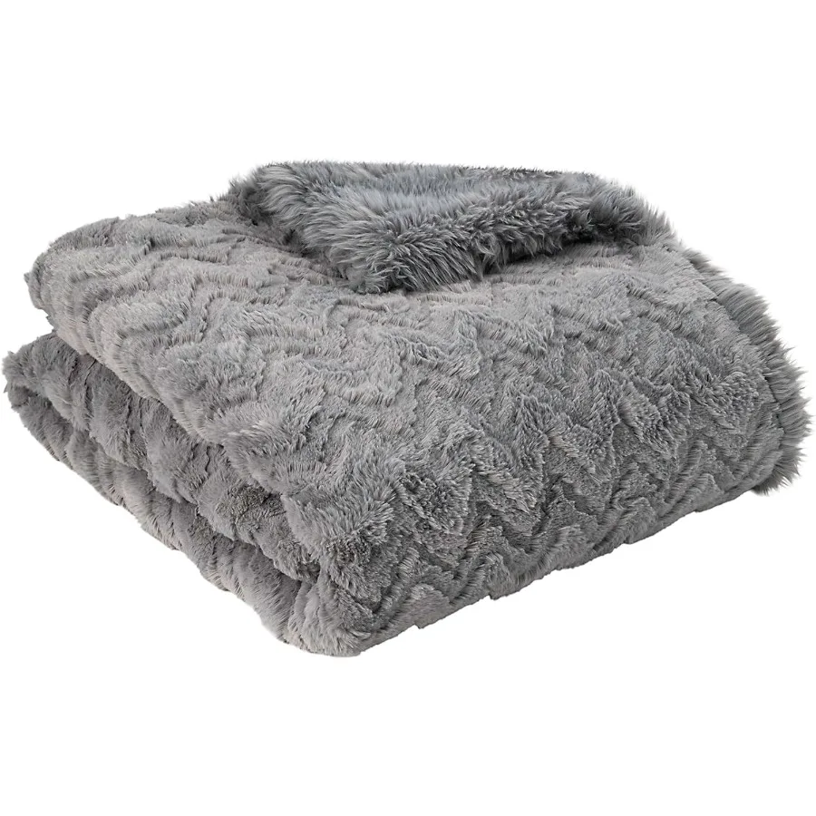 Luxurious Grey 3D Jacquard Faux Fur Throw Blanket for Couch Sofa or Bed Soft Reversible Plush Blanket Ideal for Sleeping Home R