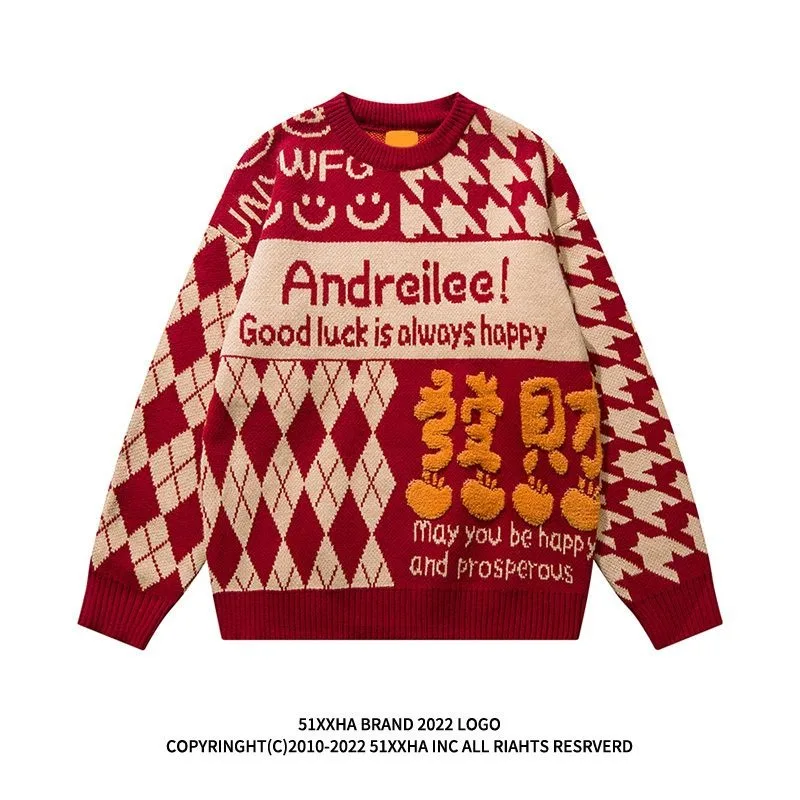 

National Tide American New Hiphop Letter Flocking Couple Sweater Y2K Street Retro Lazy Wind Red Loose Casual Knit Sweater Top