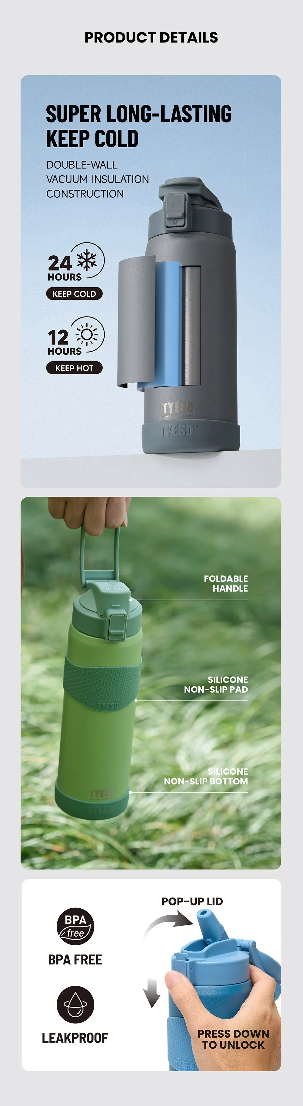 TYESO Vacuum Insulated Bottle 304 Stainless Steel Portable Sports Water Bottle with Straw for Travel Cycling& Outdoor Activities