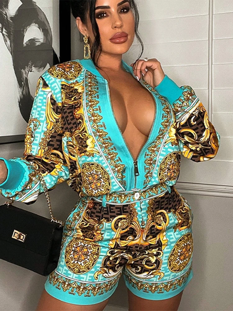 

Fashion Printed Sets Women Long Sleeve Zipper Shirt Top Shorts Two Piece Set 2022 Summer Female Party Club Outfits