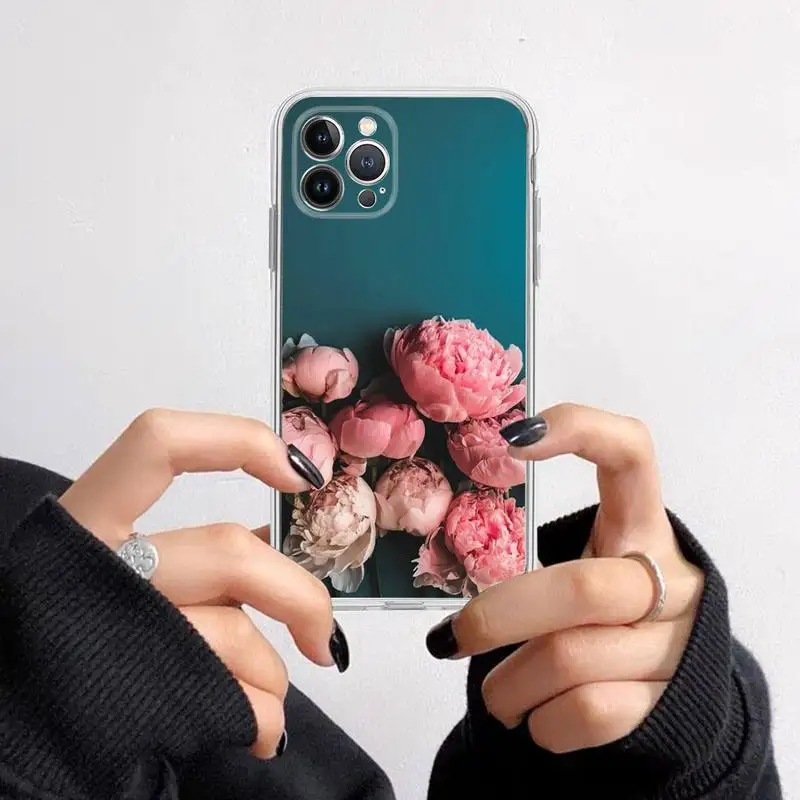 Elegant Pink and Purple Peony Flower Transparent Phone Case