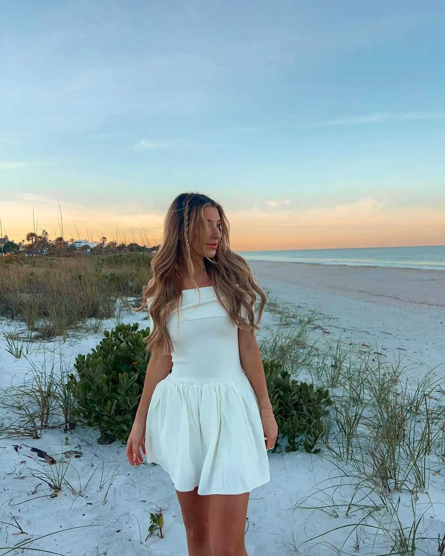Knitted Off Shoulder Mini Dress Patchwork Ruffled Edge Slash Neck Solid Beach Holiday Princess Dress Cover Up Summer Women