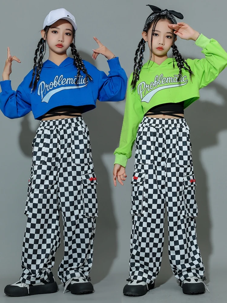 

Hip Hop Dance Performance Costumes For Kids Hoodie Tops Loose Pants Streetwear Girls Jazz Modern Dance Rave Clothing DQS15020