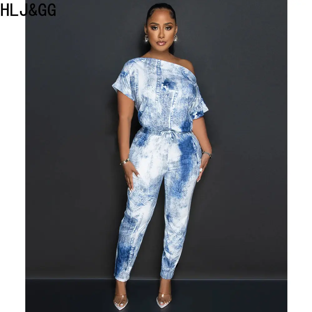 HLJ&GG Fashion One Shoulder Printing Jumpsuits Women Short Sleeve Drawstring One Piece Playsuits Casual Female Home Clothes 2023