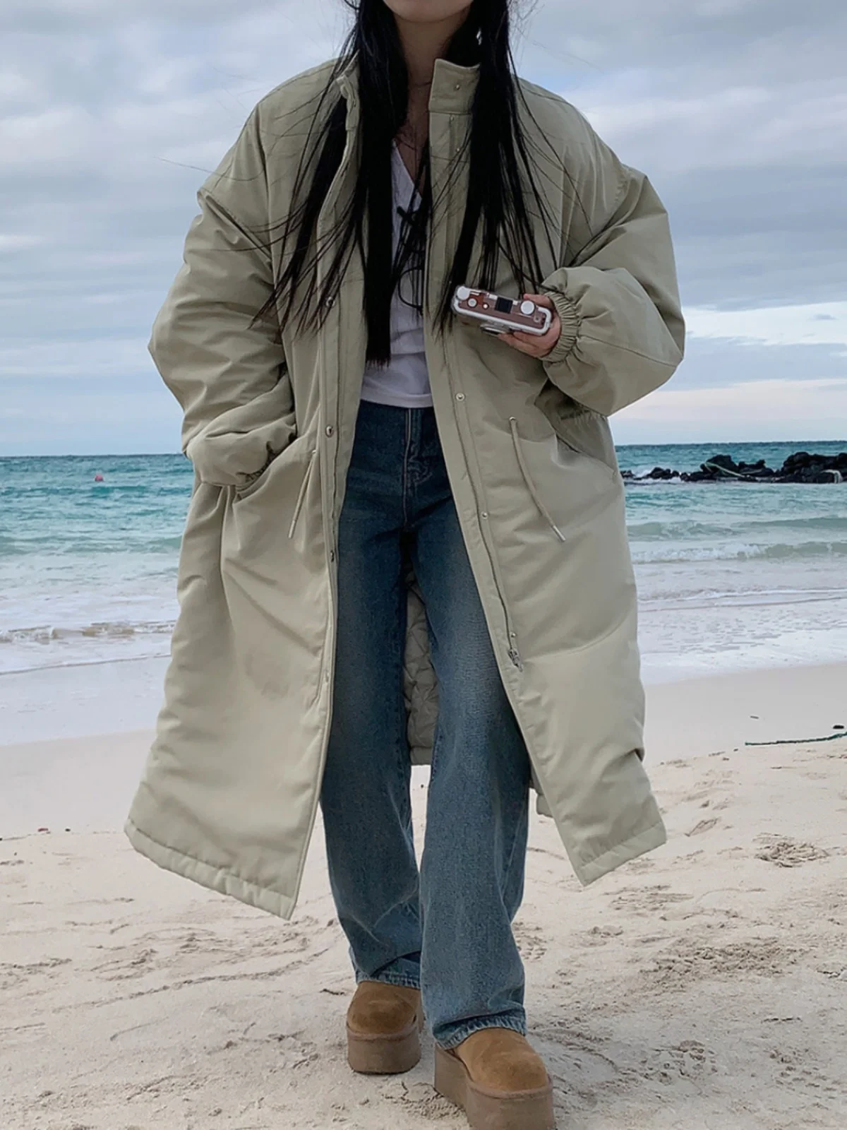 Chic Winter Women's Long Cotton Jaet Coat Dstring Warm Outerwear Loose Fitting Parka Korean Sle Commute Faion