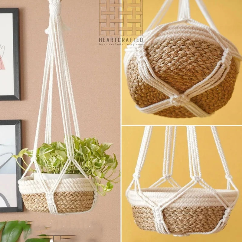 Colourful Boho Macrame Plant Holder Hand Woven 100% Cotton Woven Baske Hanger Hanging Basket For Indoor Plants Bonsai Home Decor