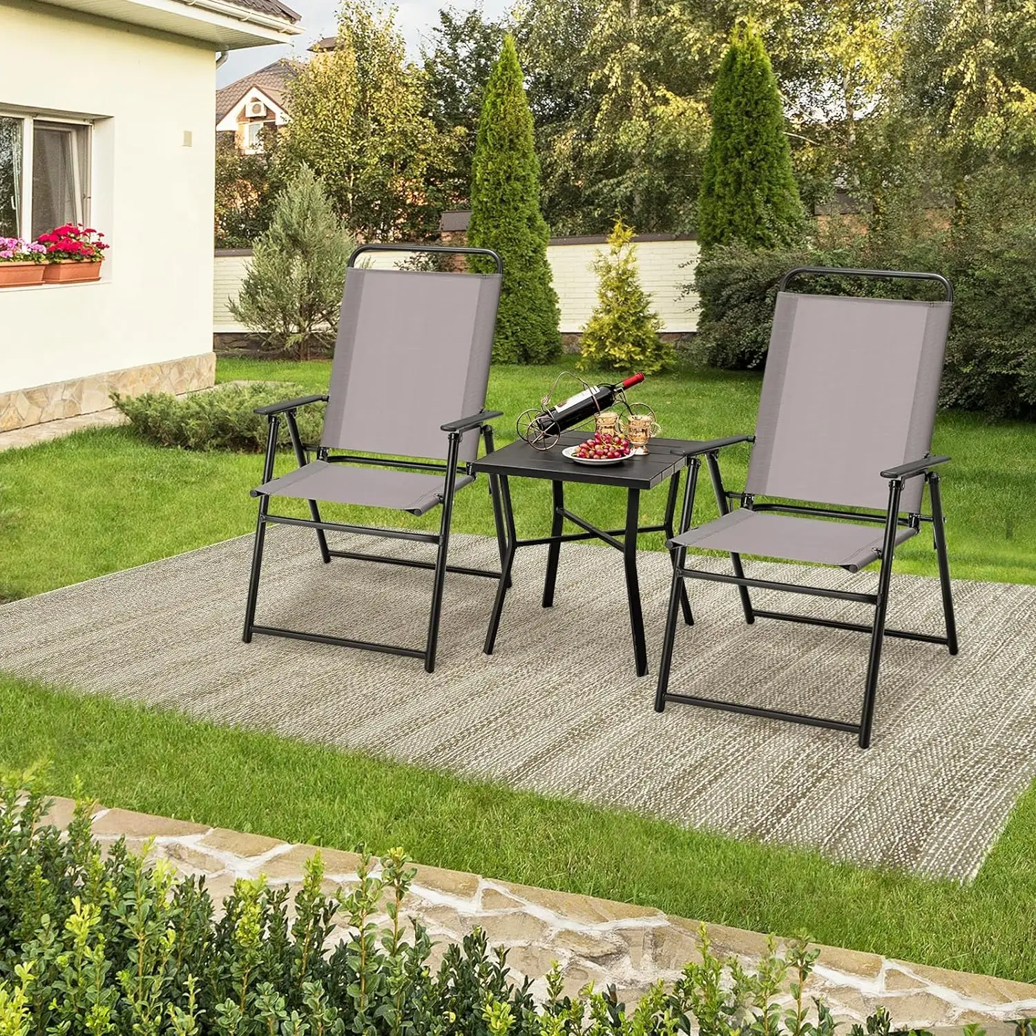 

A set of 2 outdoor folding chairs with armrests, metal frame lawn deck porch, beach courtyard outdoor folding dining chairs