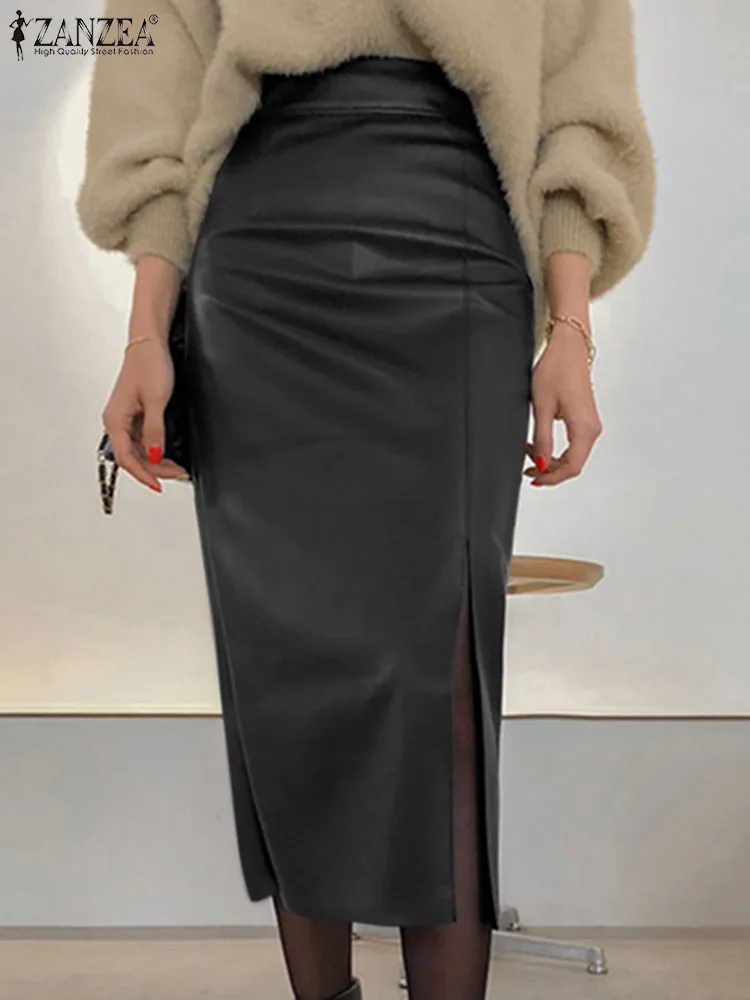 ZANZEA Sexy High Waist Midi Skirt 2023 Autumn Bodycon Women Slim Faldas Mujer Side Slit Fashion Elegant PU Leather Sheath Skirts