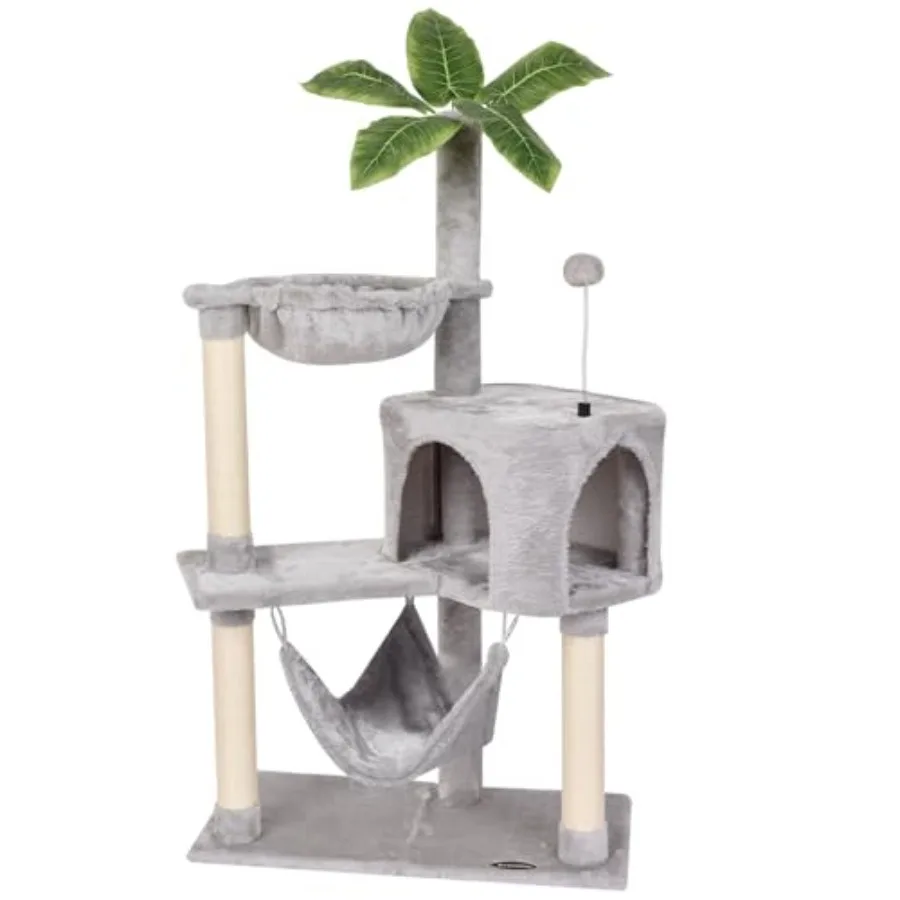Multi-Level Cat Tree with Sisal Scratching Post Grey Hammock Perch and Kitten Ball Toys for Indoor Cats Pet Activity Center Fur