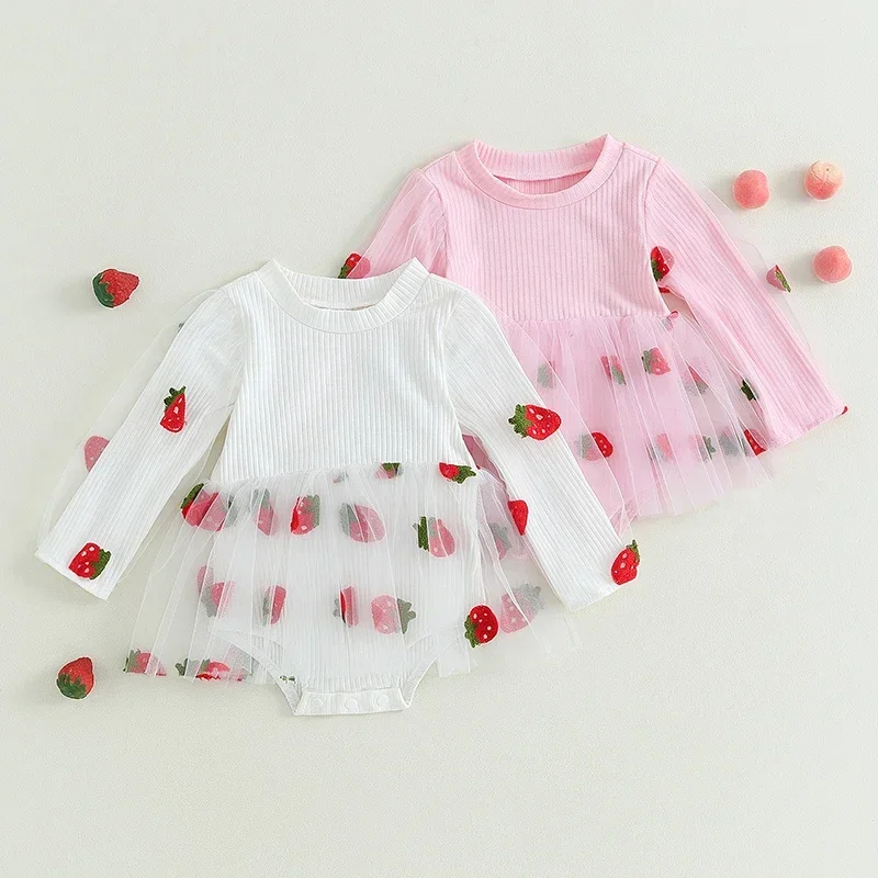 

EWODOS Toddler Infant Girls Bodysuits Sweet Strawberry Print Tulle Mesh Patchwork Long Sleeve Jumpsuits Dresses Kid Fall Clothes