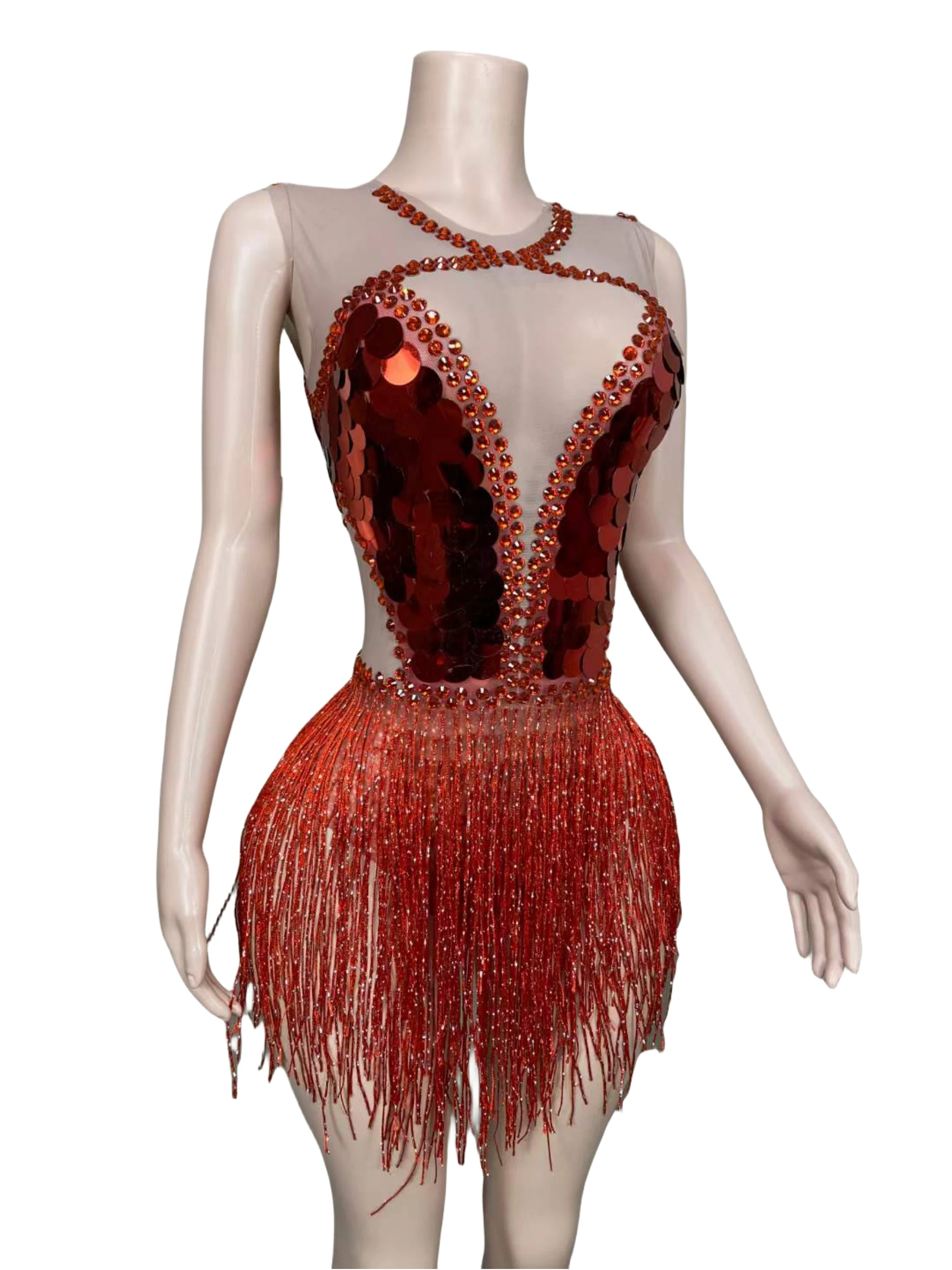Fringe Sequins Shinning Bodysuits For Women Red Sleeveless Dance Nightclub Stage Wear Drag Queen Outfit Mesh See Thru Costume