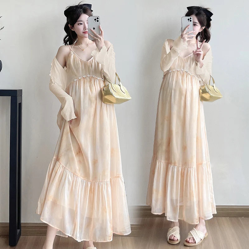 2026 봄 임부복 세트 스윗 하이웨이스트 V넥 스트랩 드레스와 긴팔 가디건 임산부 투피스 세트