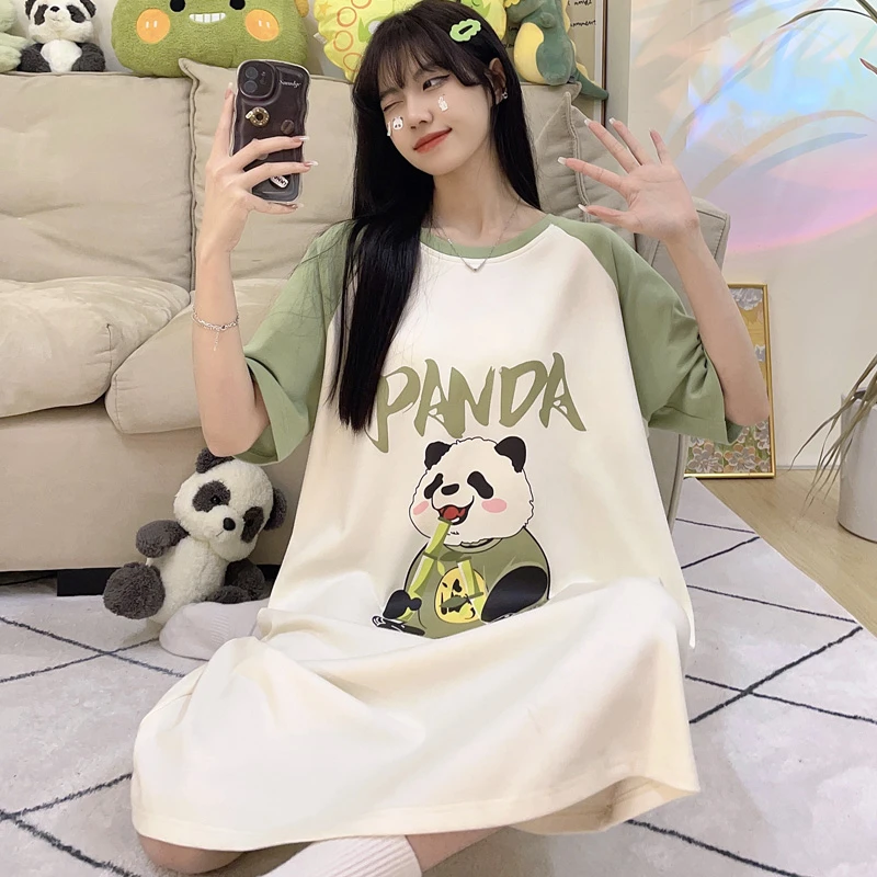 

Summer Women Nightgown Pajamas Cartoon Panda Print Nightdress Cute Sleepwear Girl Pijamas Mujer Women Leisure Homewear