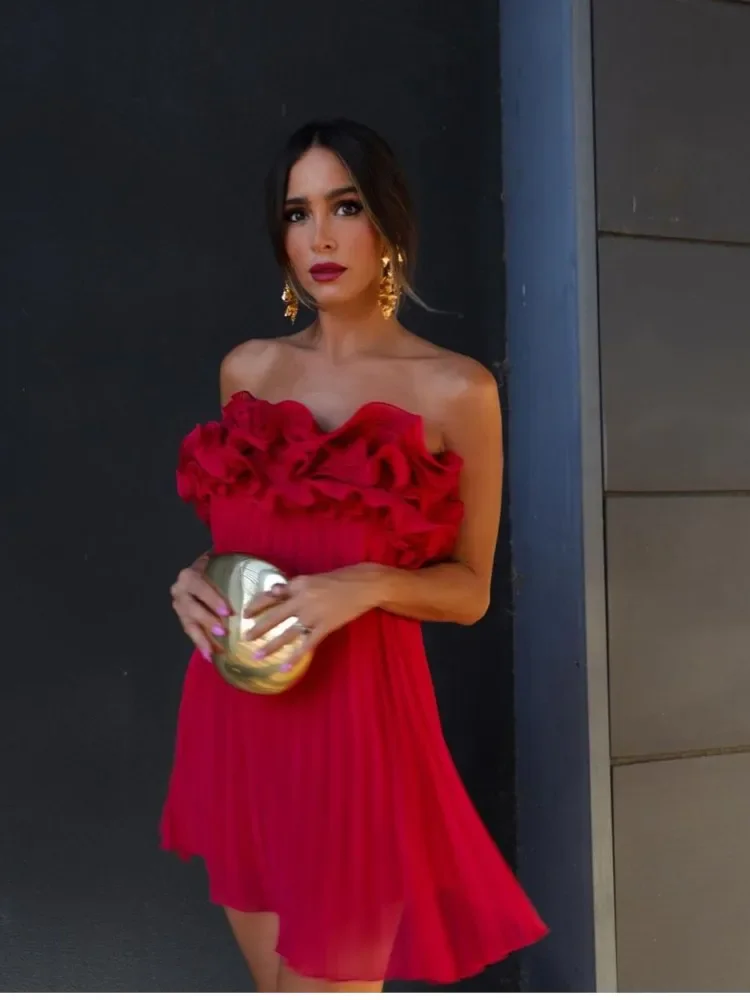 

Elegant Ruffle Pleated Mini Dress Women Off Shoulder Sleeveless Backless Short Dresses 2023 Summer Lady Prom Evening Vestidos