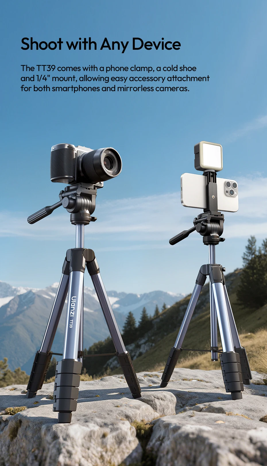  TT39 Video Tripod Horizontal&Vertical Tripod for Camera DSLR Smartphone Video