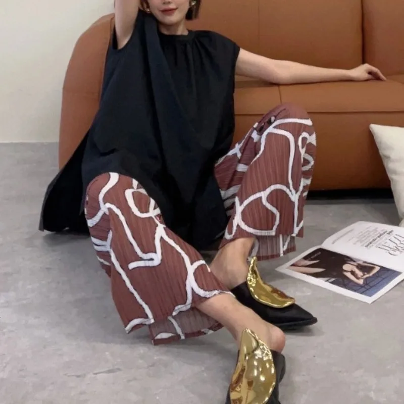2024 Spring New Minimalist Commuter Women's Elastic High Waist Tie Dye Printed Hand Painted Loose Straight Casual Wide Leg Pants