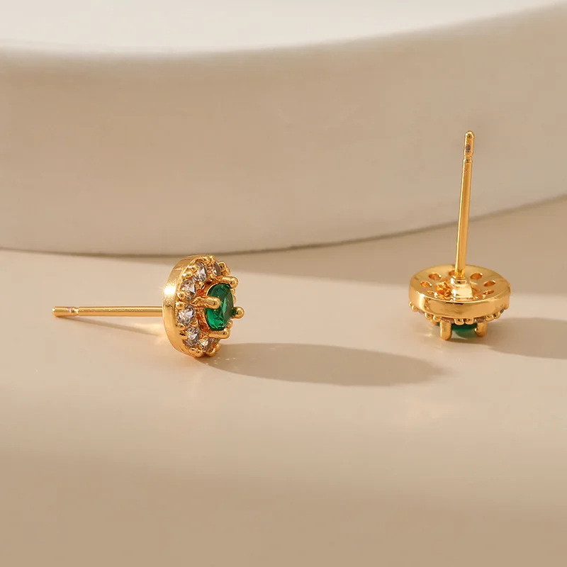 Simple Round 18k Gold Plating Metal Inlaid Green Cubic Zirconia Earrings Ladylike Temperament S925 Silver Needle Ear Studs