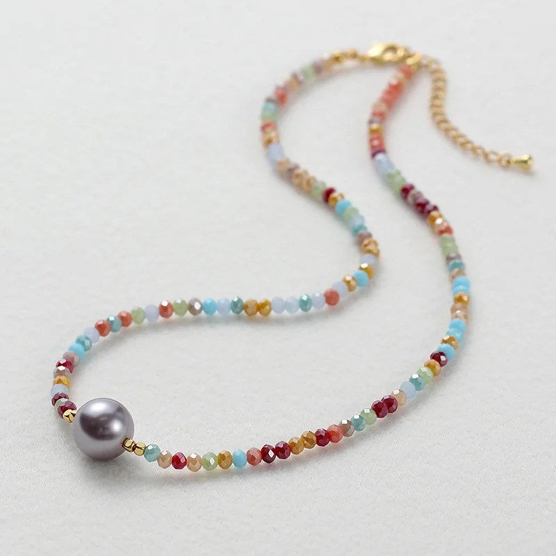 

Korean Colored Glass Crystal String Beads Lavender Purple Pearl Artsy Necklace Female