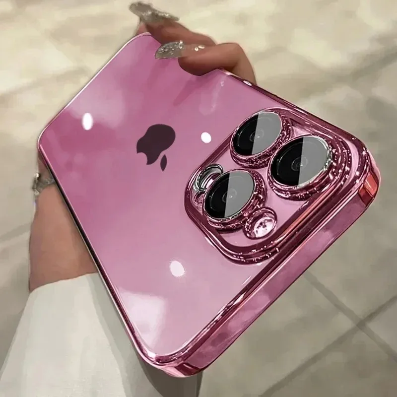 Luxury Plating Clear Phone Case with Full Lens Protector and Silicone Cover