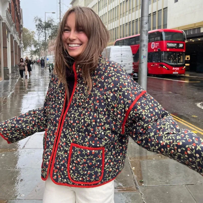 Chic Cropped Puffer Jacket Women Floral Print Lightweight Short Padded Stand Collat Quilted Coat 2024 Autumn Winter Warm Outwear