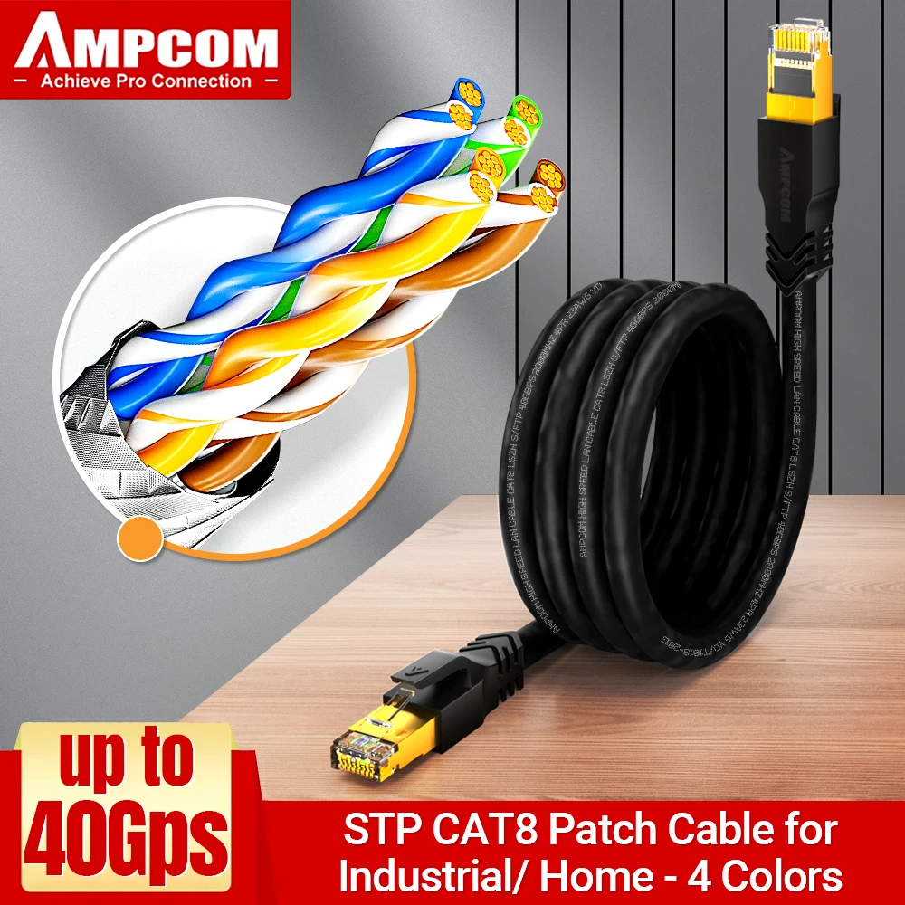 

AMPCOM CAT8 40Gbps Ethernet Cable 2000MHz Network Lan Cable SFTP cat 8 RJ45 Patch Cord for 5G Router Modem Internet PS4 industry