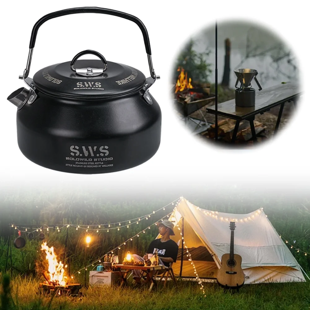 1L Outdoor Camping Kettle with Handle 304 Stainless Steel Water Kettle Lightweight Coffee Pot Tourist Cookware Supplies