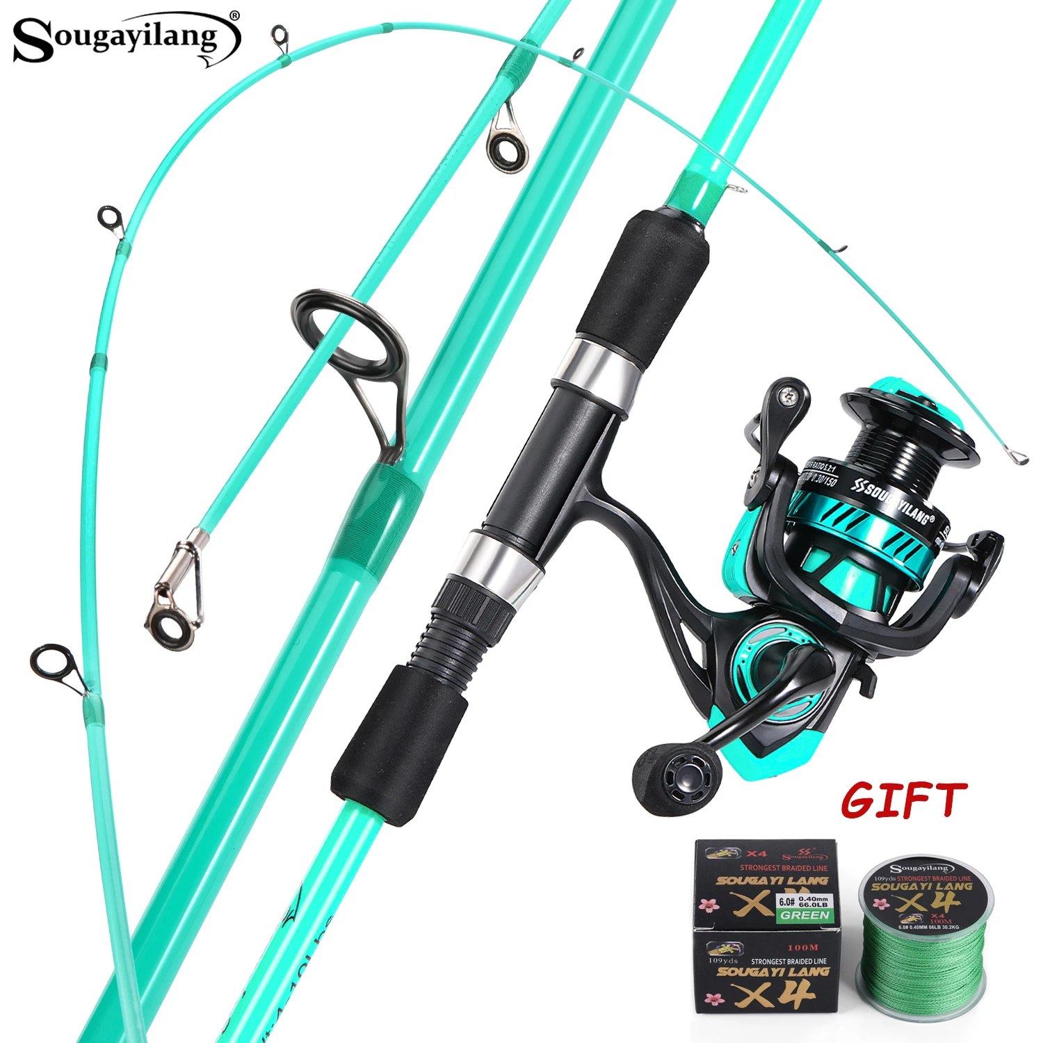 Sougayilang Lure Rod Spinning Reel Set 4 Sections Ultralight High Carbon Rod 5.2:1Gear Ratio Fishing Reel with Free Fishing Line
