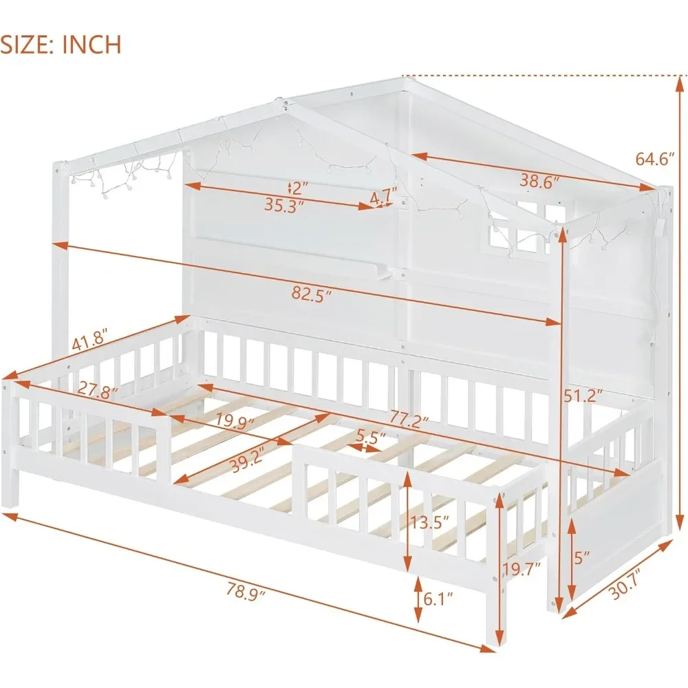 Twin Size House Bed with Storage Shelves and Fence,Sparkling Light Strip on The Roof for Children Teens Adults 2