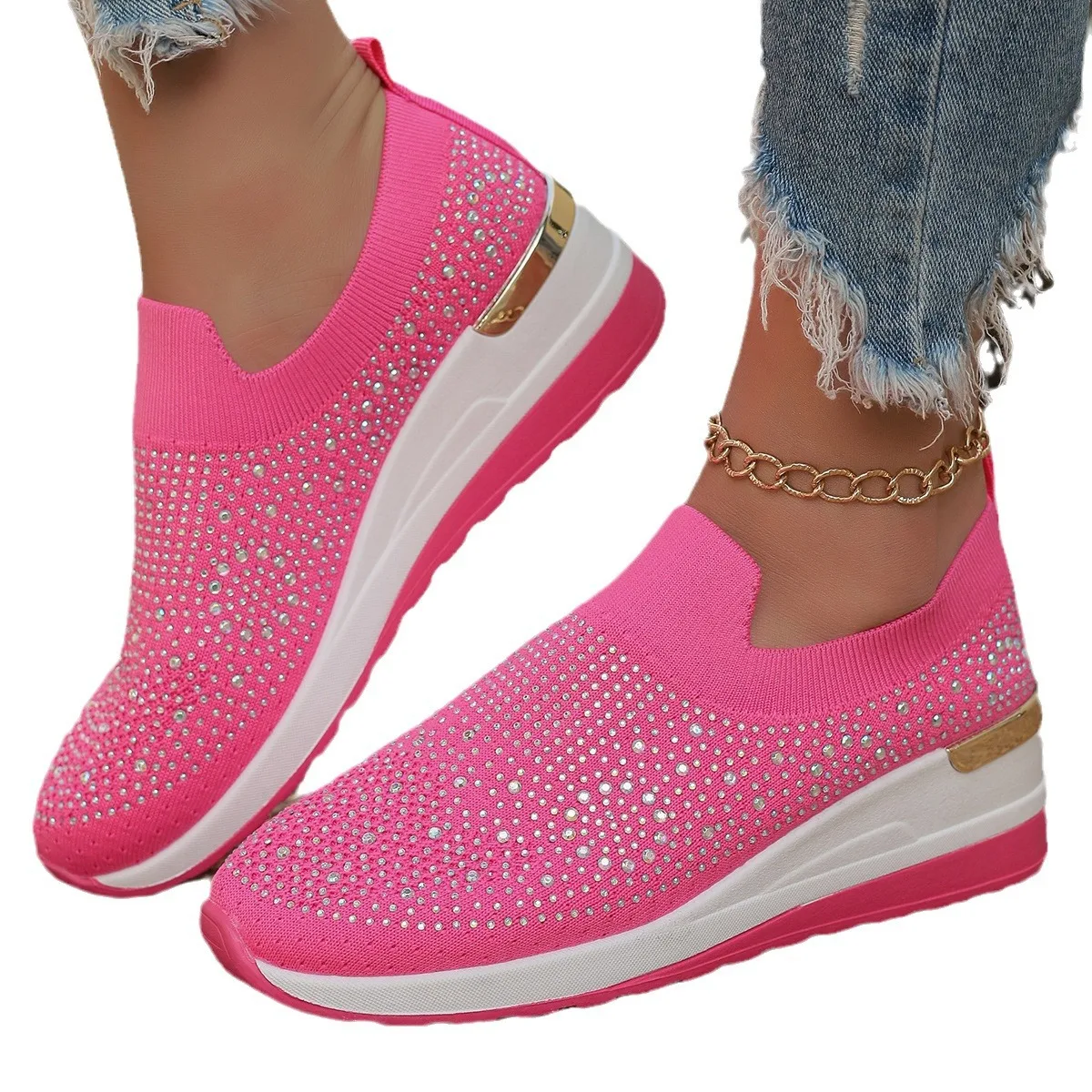 Orange Rhinestone Casual Sneakers Breathable Wedge Women Lightweight Shoes Slip On 2024 New Comfortable Spring Mesh Sports Shoes