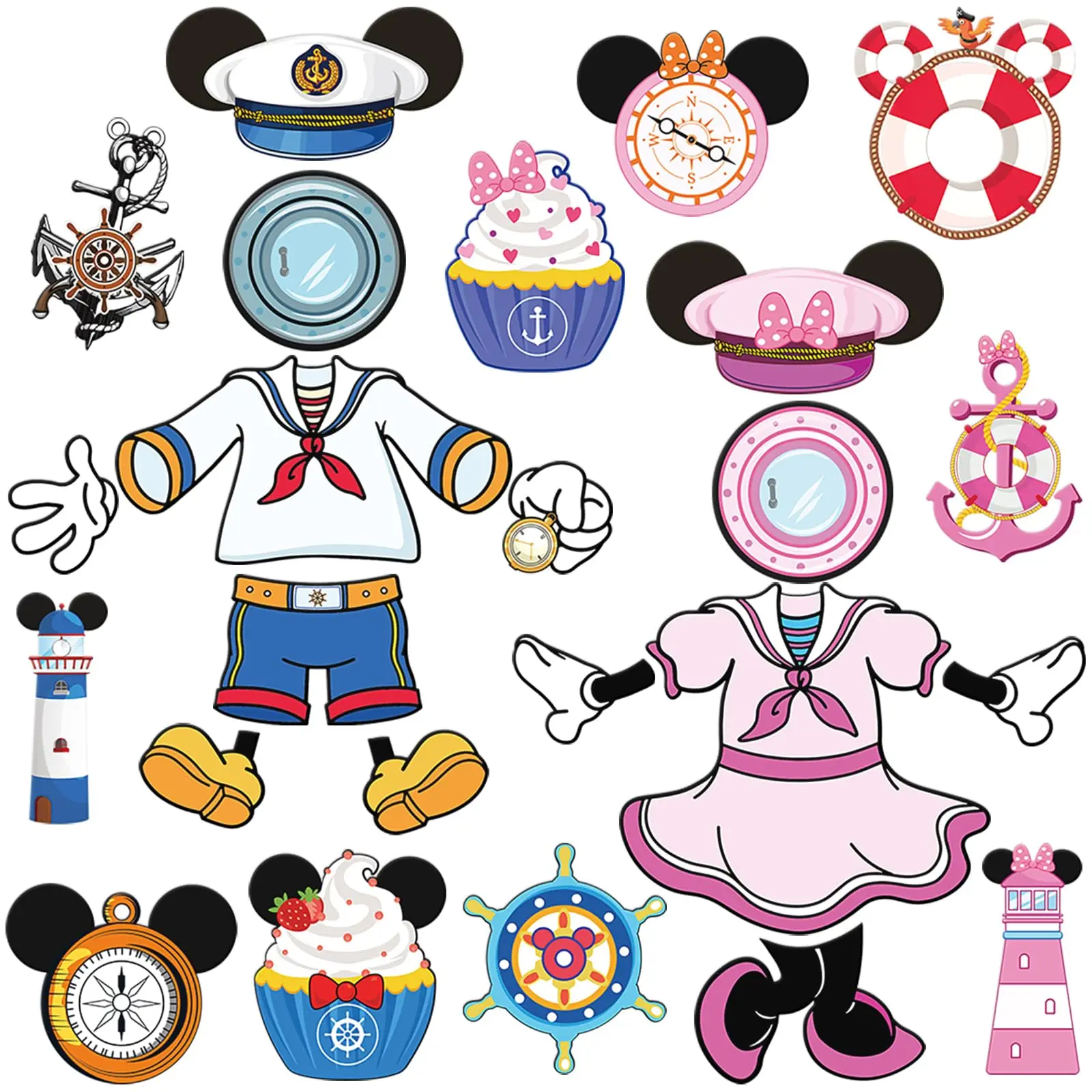 Mouse Cruise Door Decorations - 24 Pcs Large Ship Cabin Magnet Stickers Cute Blue Pink Mice Captain Sea Car Anchor Magnetic
