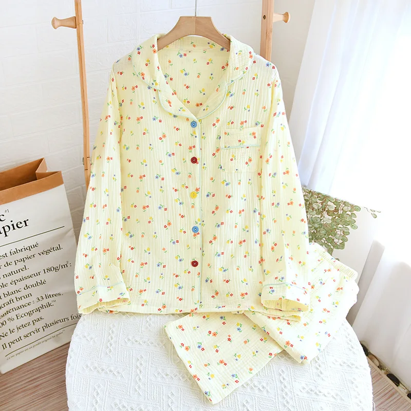 Floral Sleepwear Women's Stitch Pajamas Sets For Woman Two Piece Set Pure Cotton Home Suit long Sleeve Trousers Loungewear