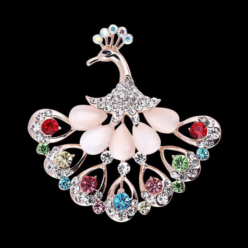 

Luxury Rhinestone Opal Peacock Brooches for Women Suit Neckline Buckle Crystal Jewelry Princess Animal Pins Clothing Accessories